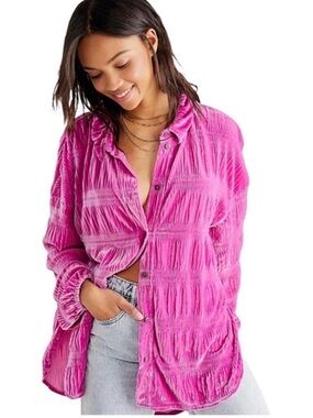 Free People Crushed Velvet Button-Down Top in Fuchsia